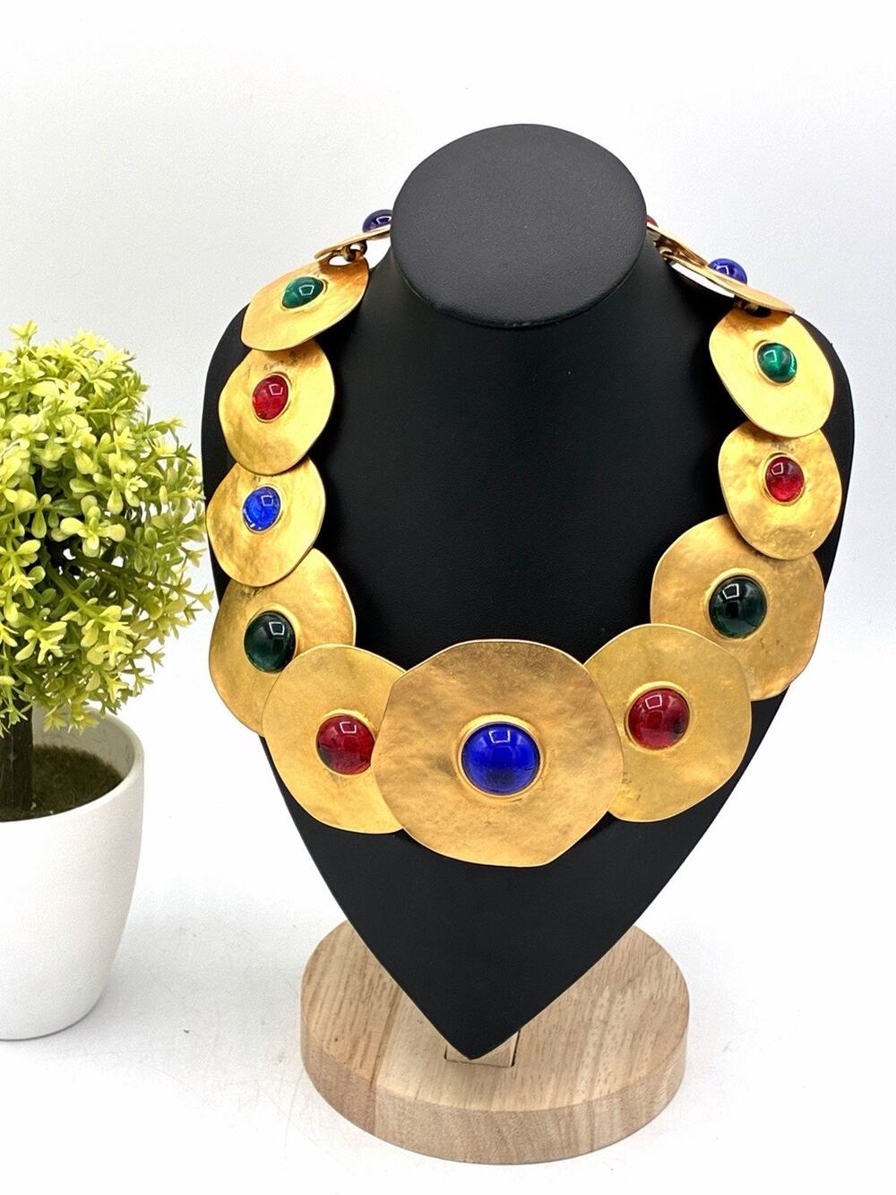 Vintage Gold Tone Disc Statement Necklace Multicolor Cabochon Runway Bold
